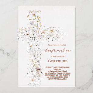 watercolor wildflowers cross Confirmation Foil Invitation