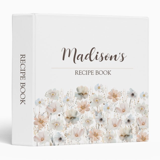 Watercolor Wildflowers Custom Name Recipe Book 3 Ring Binder (Front/Spine)