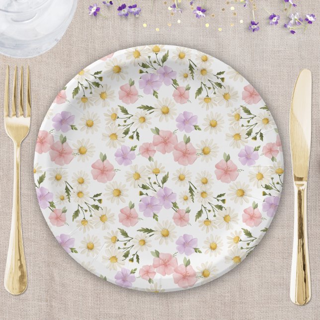 Watercolor Wildflowers Daisies Baby Shower Paper Plates (Creator Uploaded)