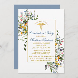 Watercolor Wildflowers Dusty Blue Nurse Grad Party Invitation