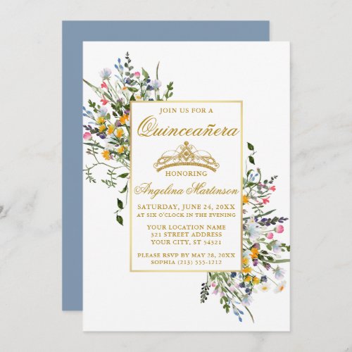 Watercolor Wildflowers Dusty Blue Quinceanera Invitation