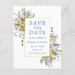 Watercolor Wildflowers Dusty Blue Save The Date Postcard