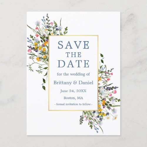 Watercolor Wildflowers Dusty Blue Save The Date Postcard