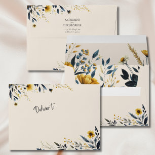 Watercolor Wildflowers Elegant Beige Wedding Envelope