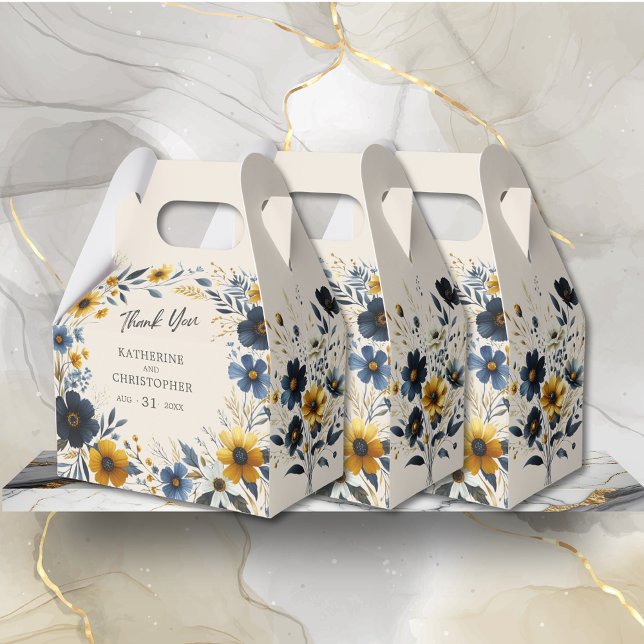 Watercolor Wildflowers Elegant Beige Wedding Favor Boxes (Watercolor Wildflowers Elegant Wedding Thank You Favor Box with Blue and Yellow Wildflowers.)