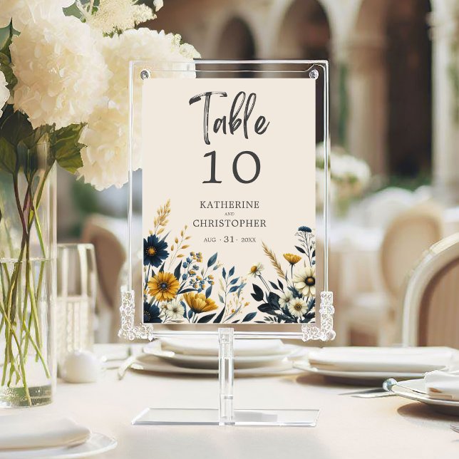 Watercolor Wildflowers Elegant Beige Wedding Table Number (Watercolor Wildflowers Elegant Wedding Table Number with Guest Names, Blue and Yellow Wildflowers.)