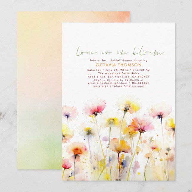 Watercolor Wildflowers Elegant Boho Bridal Shower Invitation (Front/Back)