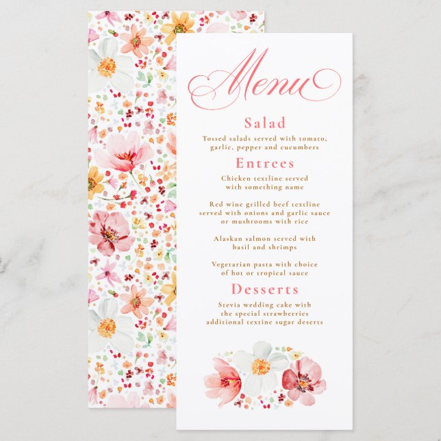 Watercolor Wildflowers Elegant Boho Wedding Menu (Front/Back)