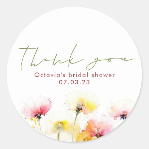 Watercolor Wildflowers Elegant Cute Thank You Classic Round Sticker