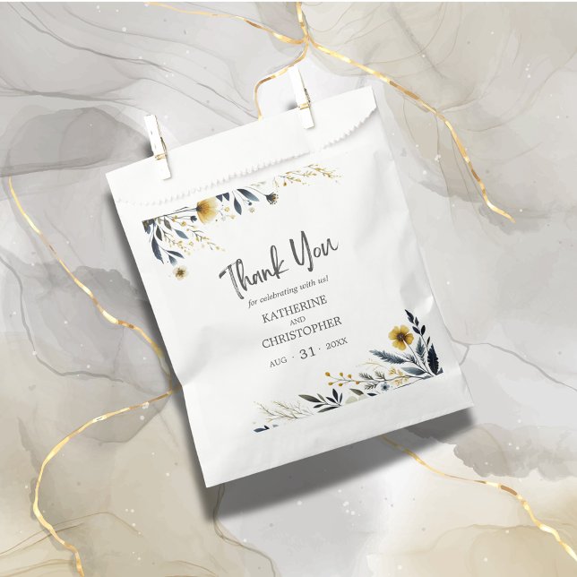 Watercolor Wildflowers Elegant Thank You Wedding Favor Bag (Watercolor Floral Wedding Favor Bag with Blue and Yellow Wildflowers, couple's names, wedding date.)
