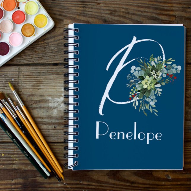 Watercolor wildflowers eucalyptus initial blue notebook (Creator Uploaded)