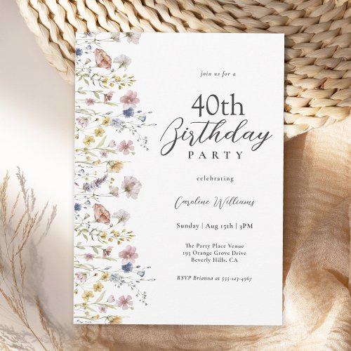 Watercolor Wildflowers Floral 40th Birthday Party Invitation