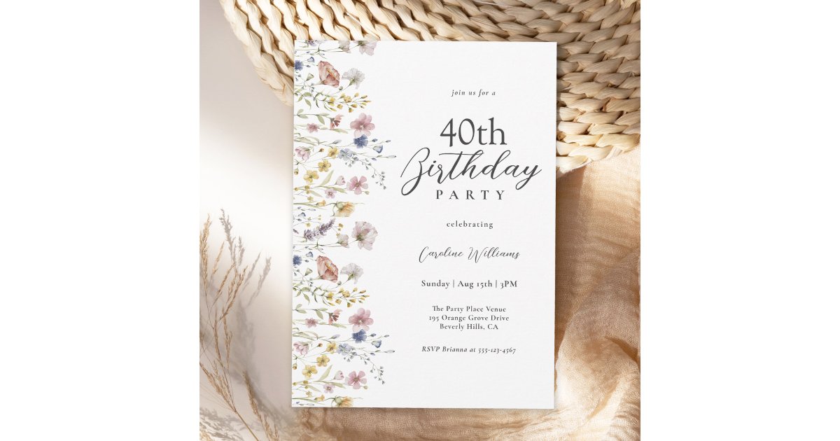 Watercolor Wildflowers Floral 40th Birthday Party Invitation | Zazzle