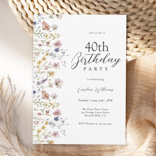 Watercolor Wildflowers Floral 40th Birthday Party Invitation (Available as printed and paperless digital download!)