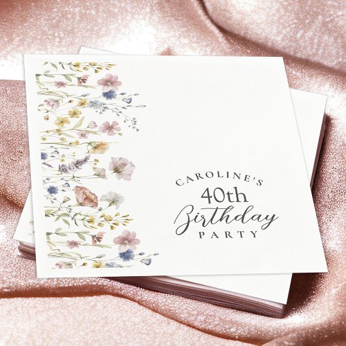 Watercolor Wildflowers Floral 40th Birthday Party Napkins