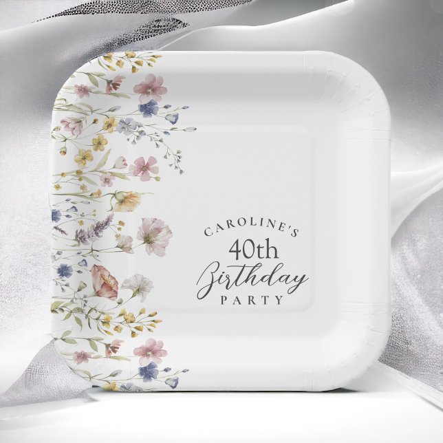 Watercolor Wildflowers Floral 40th Birthday Party Paper Plates (Creator Uploaded)