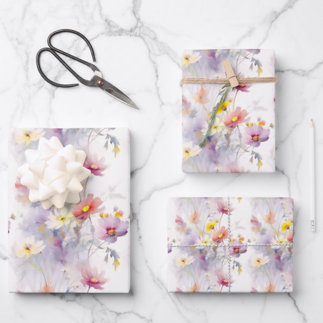 Watercolor Wildflowers Floral Elegant Wrapping Paper Sheets (Front)