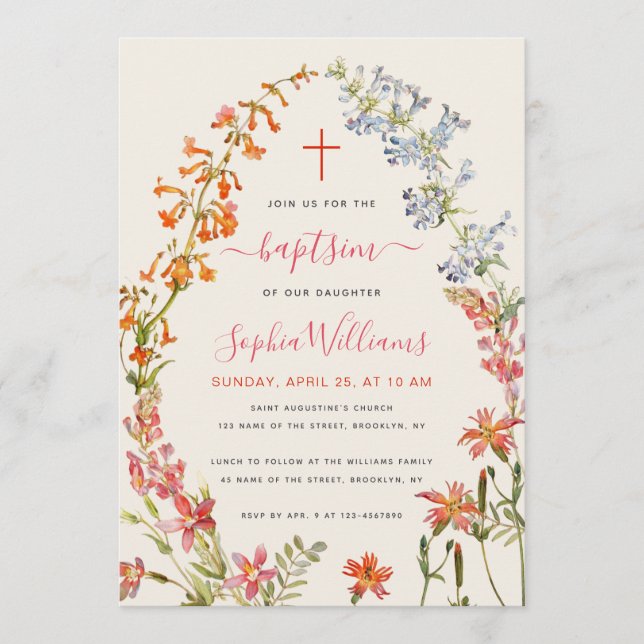 Watercolor Wildflowers Floral Girl Baptism Invitation (Front)