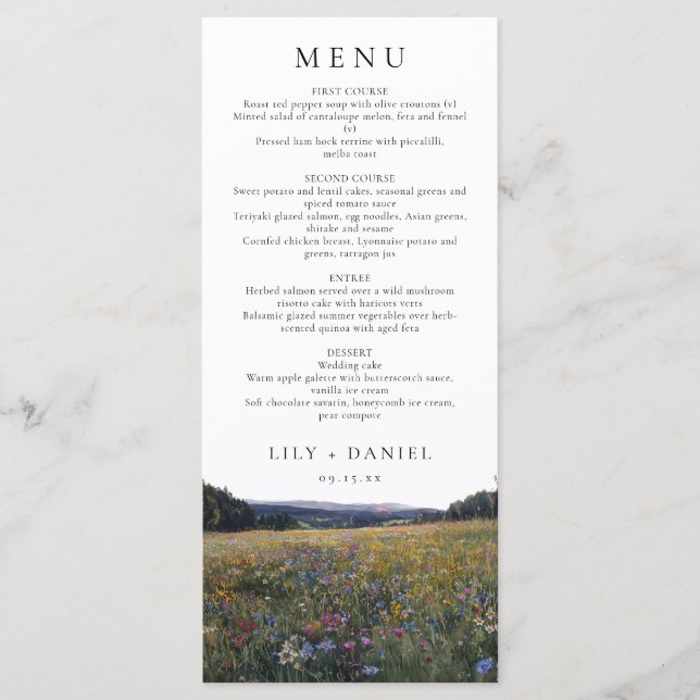 Watercolor Wildflowers Floral Meadow Wedding Menu (Front)