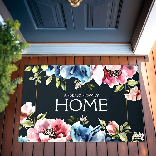 Watercolor Wildflowers Floral Modern Family Name Doormat