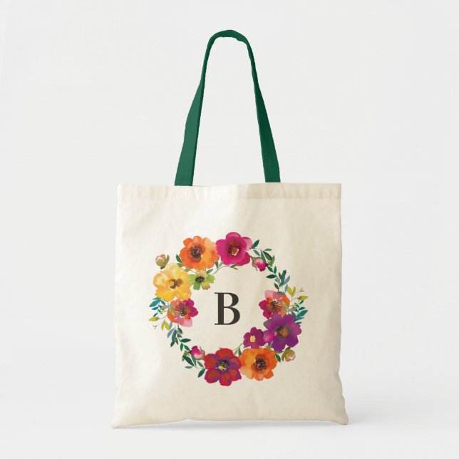 Watercolor Wildflowers Floral Monogram Tote Bag (Front)