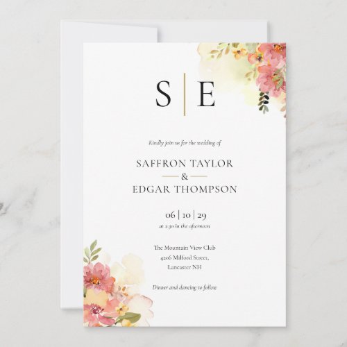 Watercolor Wildflowers Floral Monogram Wedding Invitation