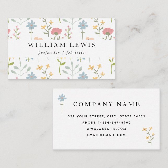 Watercolor Wildflowers Floral Pattern Business Card (Front/Back)