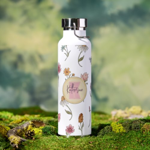 Watercolor Wildflowers Floral Pattern Monogram Water Bottle