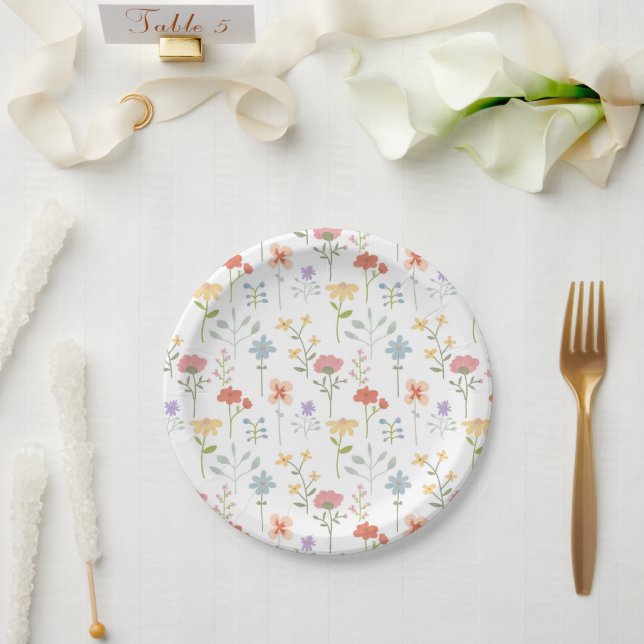 Watercolor Wildflowers Floral Pattern Paper Plates (Wedding)