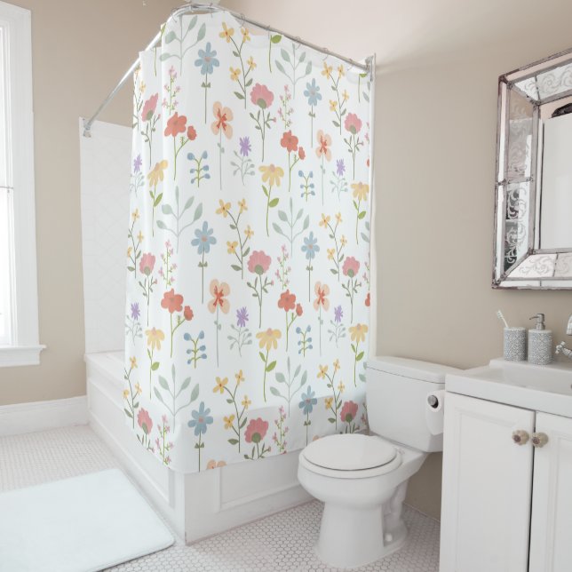 Watercolor Wildflowers Floral Pattern Shower Curtain (In Situ)