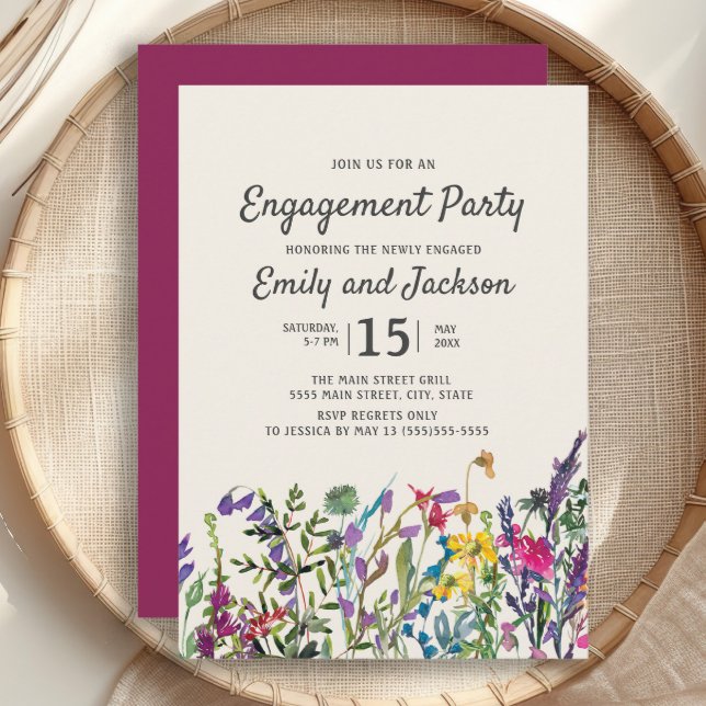 Watercolor Wildflowers Floral Purple Engagement Invitation (Watercolor wildflowers engagement party invitation)