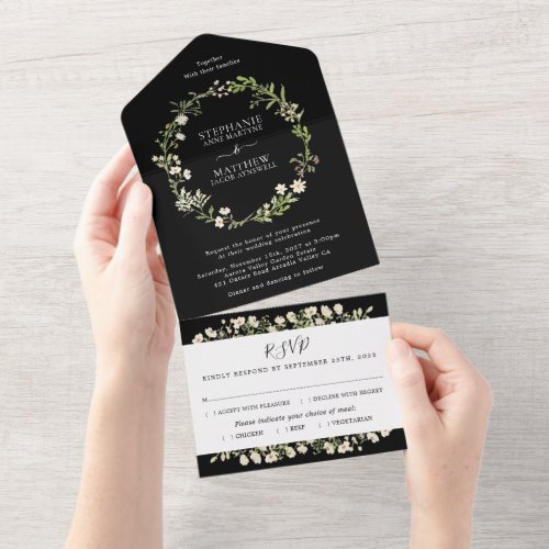 Watercolor Wildflowers Floral Wedding Black All In One Invitation