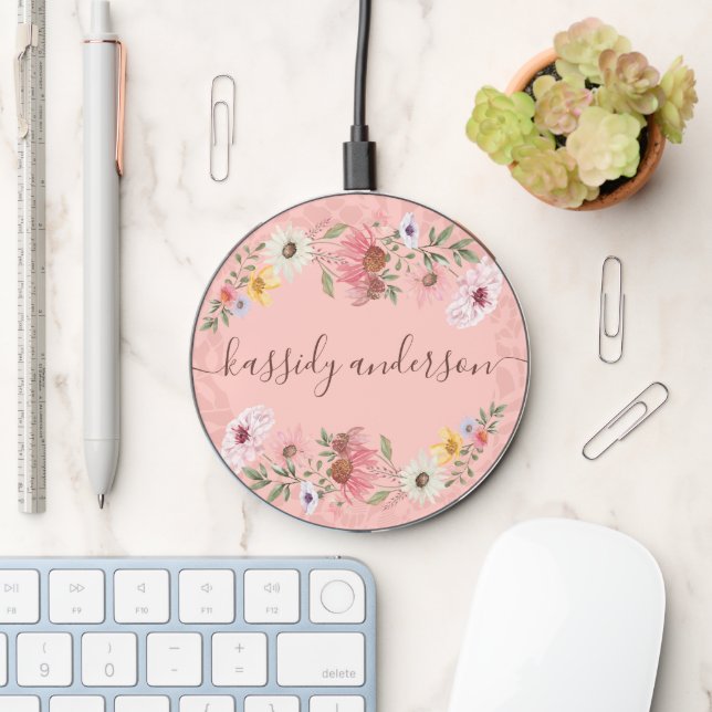 Watercolor Wildflowers Floral Wreath Personalized Wireless Charger (Desk)