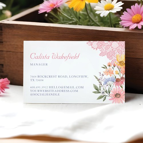 Watercolor Wildflowers Flowers  Pink Lace  Busine Business Card