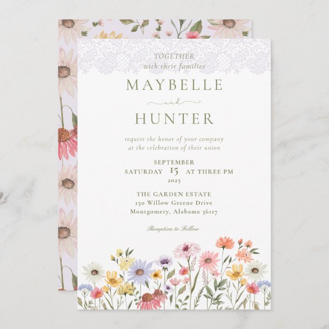 Watercolor Wildflowers, Foliage & Lace Wedding Invitation (Front/Back)