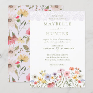 Watercolor Wildflowers, Foliage & Lace Wedding Invitation