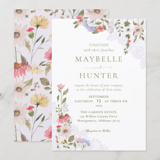 Watercolor Wildflowers, Foliage & Lace Wedding Invitation