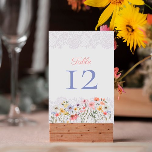 Watercolor Wildflowers Foliage  Lace Wedding Table Number