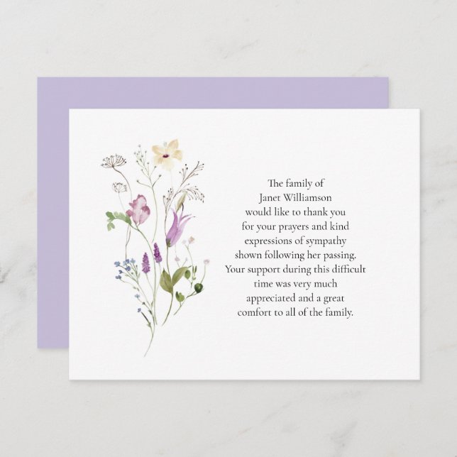 Watercolor Wildflowers Funeral Lavender Thank You (Front/Back)
