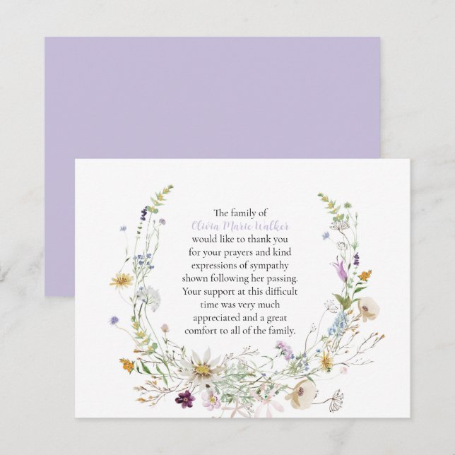 Watercolor Wildflowers Funeral Script Thank You  Card (Front/Back)
