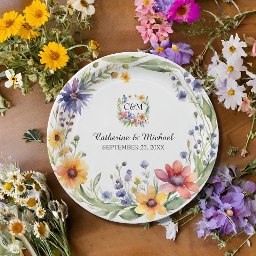 Watercolor Wildflowers Garden Spring Wedding  Paper Plates
