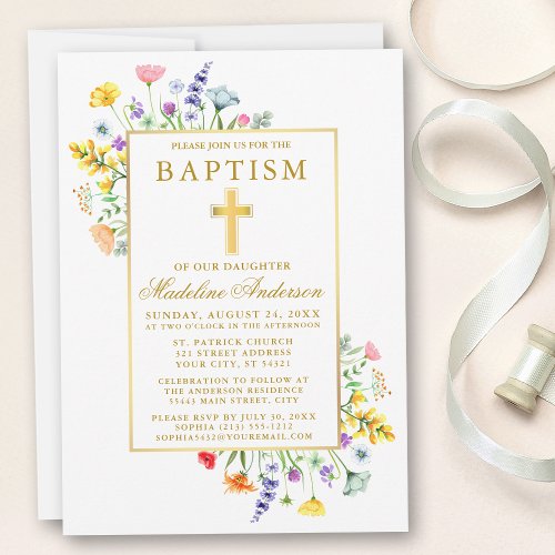 Watercolor Wildflowers Gold Baptism Invitation