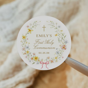 Watercolor Wildflowers Gold Cross First Communion Classic Round Sticker