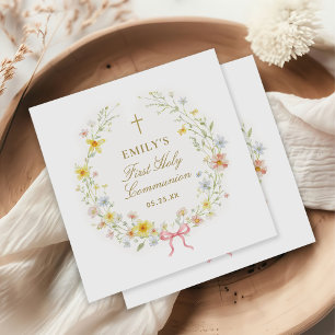 Watercolor Wildflowers Gold Cross First Communion Napkins