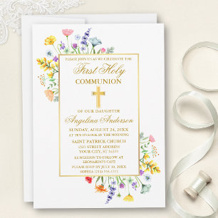 Watercolor Wildflowers Gold First Communion Invitation