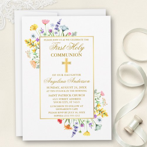 Watercolor Wildflowers Gold First Communion Invitation