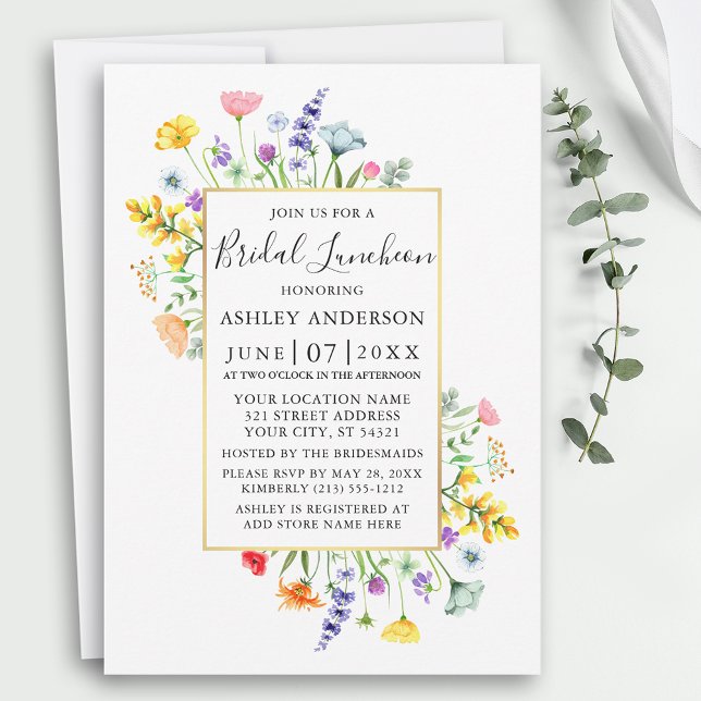 Watercolor Wildflowers Gold Frame Bridal Luncheon Invitation (Customize to change text size, color, style or add more text to back of card.)