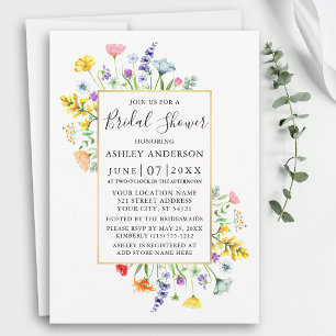 Watercolor Wildflowers Gold Frame Bridal Shower Invitation