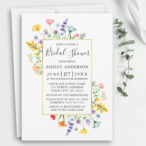 Watercolor Wildflowers Gold Frame Bridal Shower Invitation