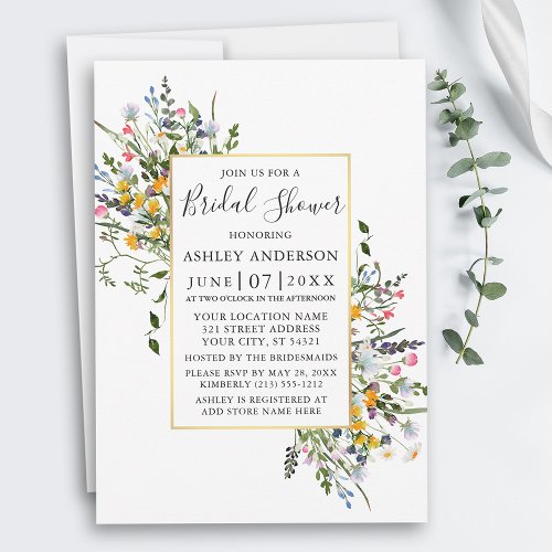 Watercolor Wildflowers Gold Frame Bridal Shower Invitation